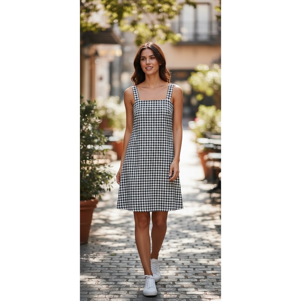 A New Day Black White Gingham Square Neck Mini Shift Dress XS NWT